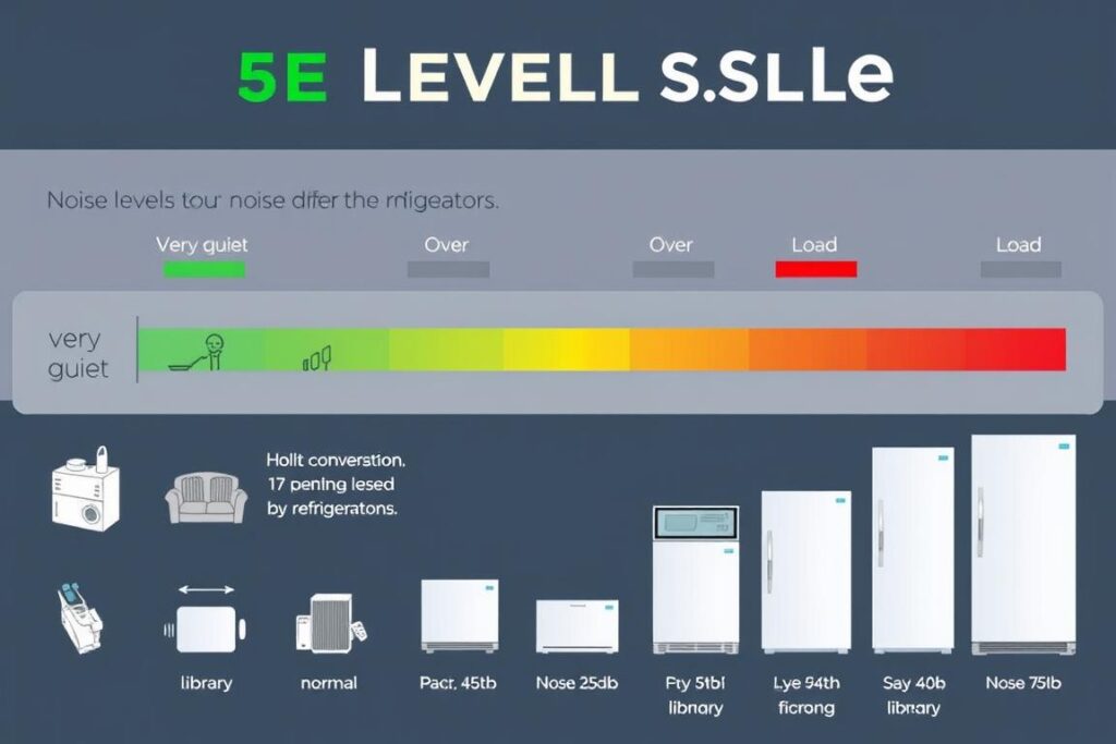 Geräuschpegel-Skala für Kühlschränke von sehr leise (unter 35 dB) bis laut (über 45 dB)