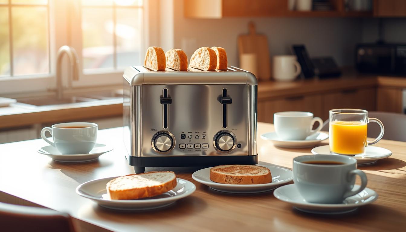 Toaster für 4 Scheiben mit vier fertigen Toastscheiben auf einem Frühstückstisch
